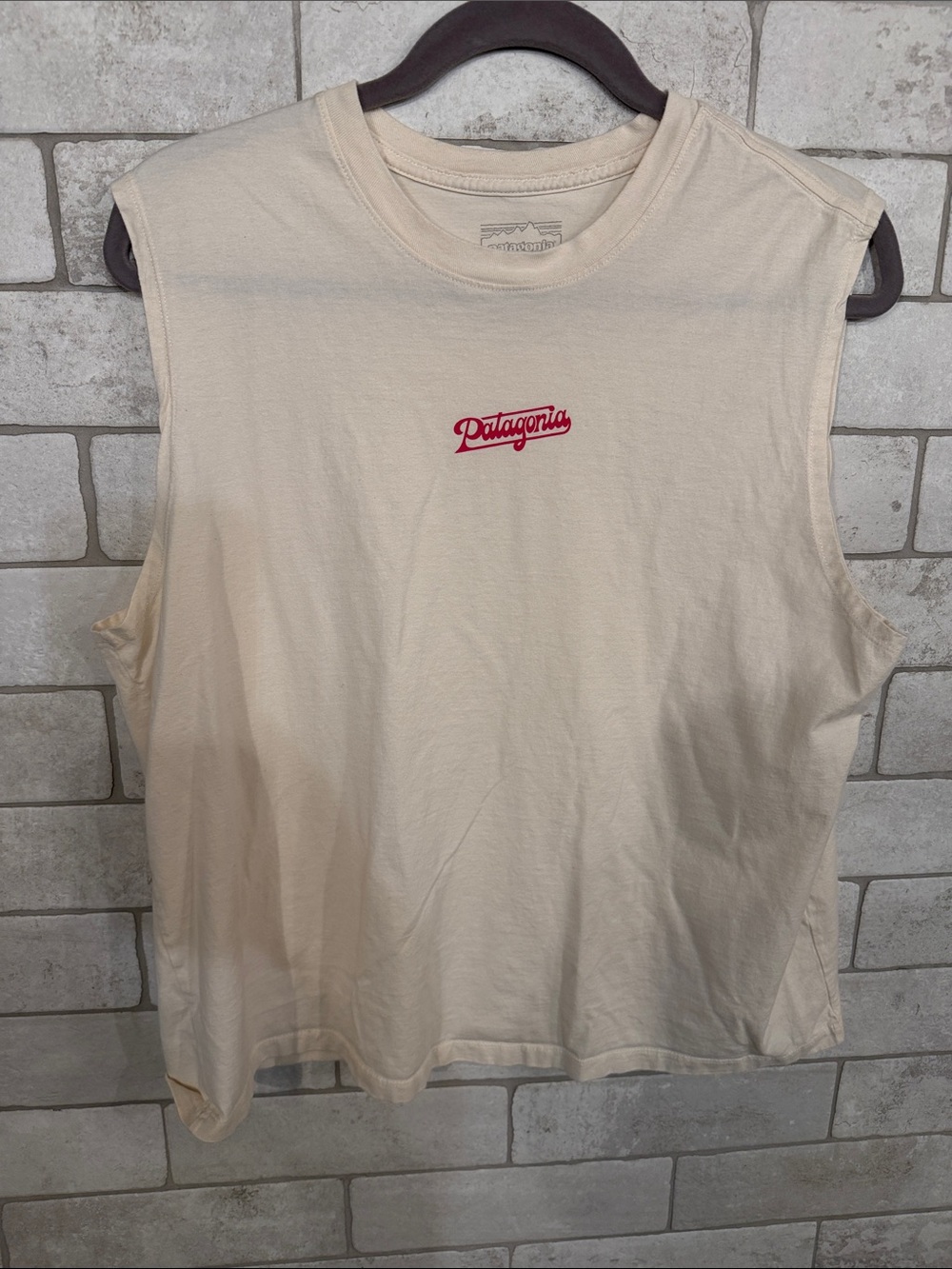 Patagonia Cream Tank Top with Red Logo Script